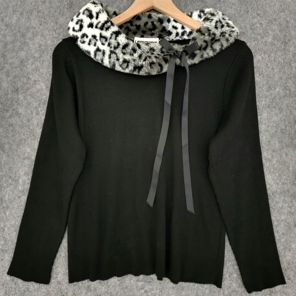 Vintage Carly Blake Sweater Womens L Black Leopard Faux Fur Collar Pullover Knit